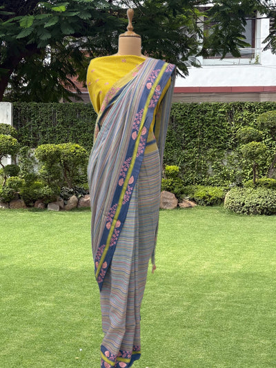 Grey & Yellow Embroidered Cotton Saree