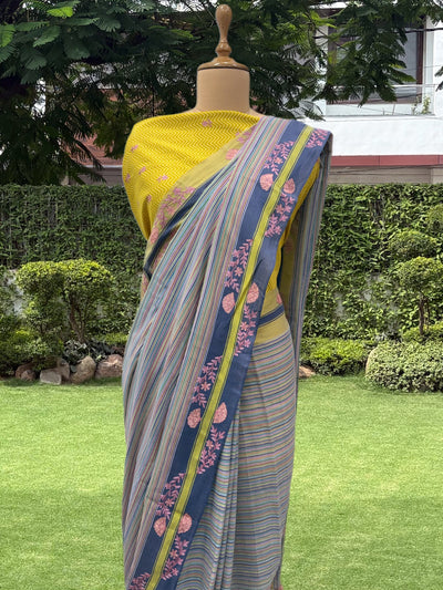 Grey & Yellow Embroidered Cotton Saree