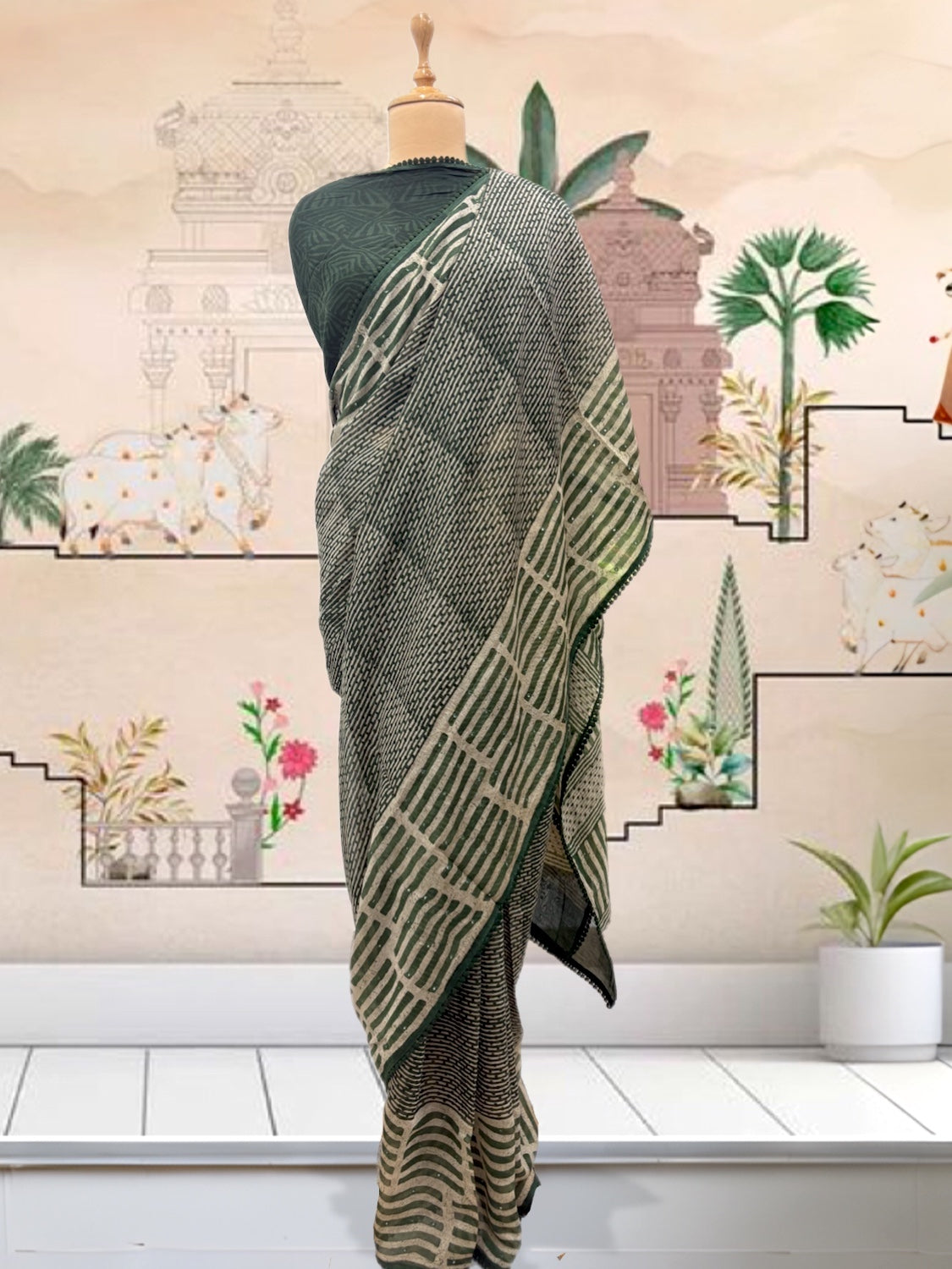 Green Mirror Work Cotton Saree