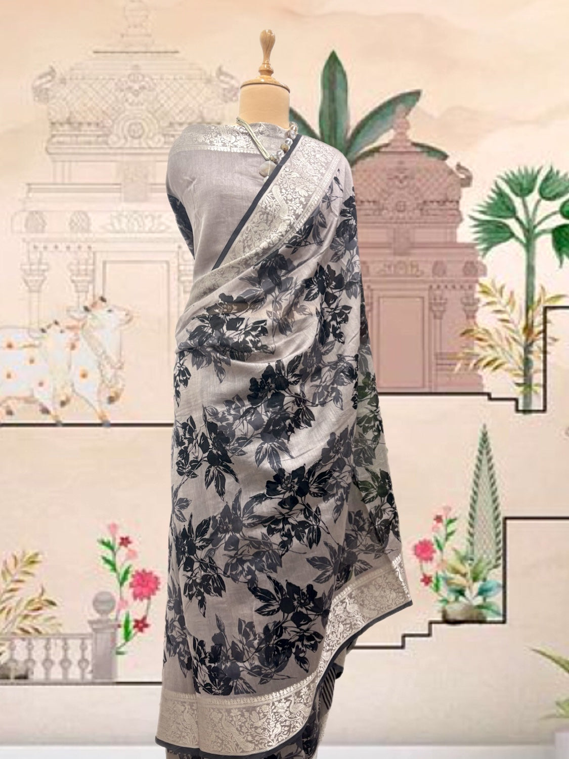 Astral Grey Printed Cotton Saree