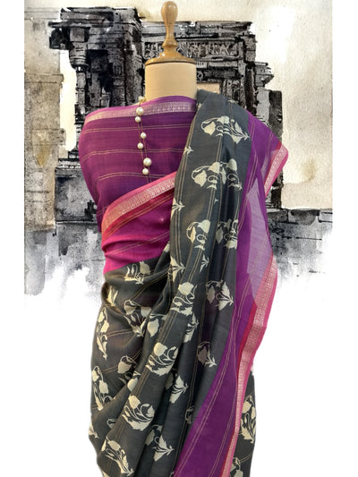 Hampi Grey & Magenta Printed Cotton Saree