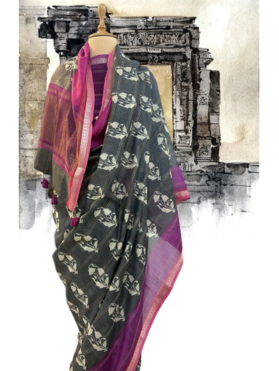 Hampi Grey & Magenta Printed Cotton Saree