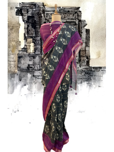 Hampi Grey & Magenta Printed Cotton Saree