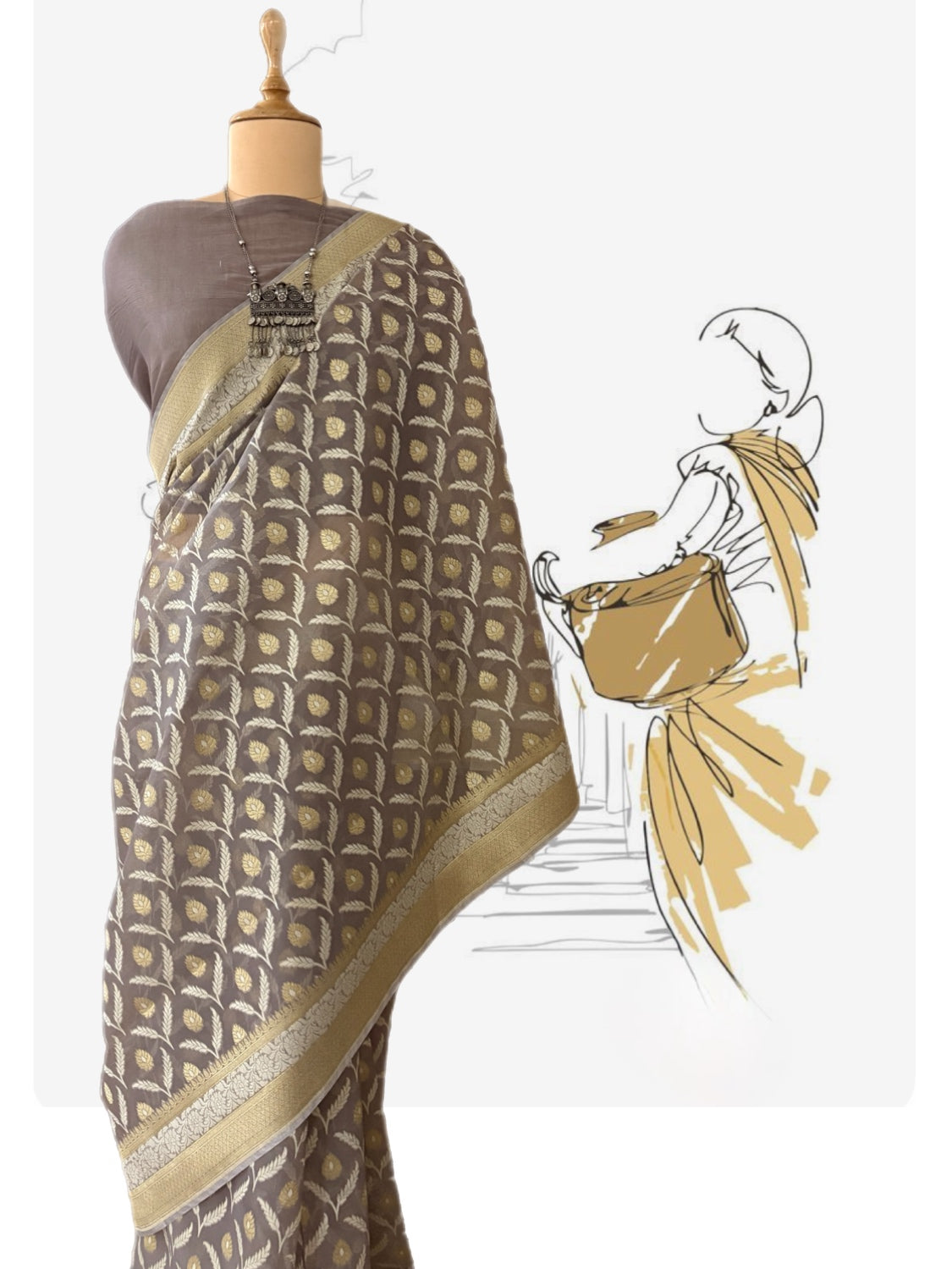 Ceylon Chikoo Grey Cotton Saree