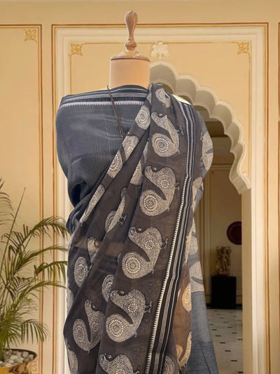 Mayil Grey Printed Cotton Saree