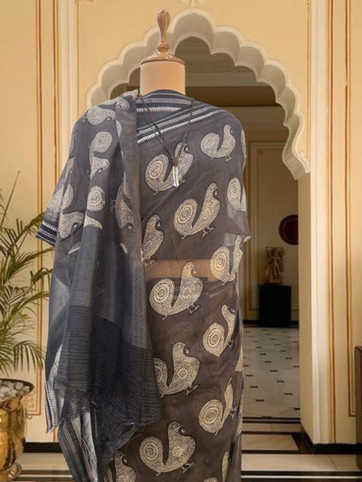 Mayil Grey Printed Cotton Saree