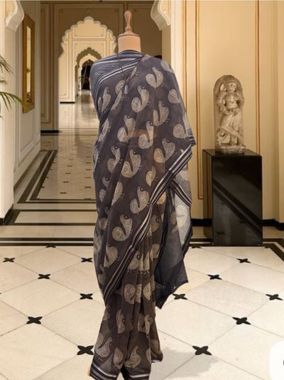 Mayil Grey Printed Cotton Saree