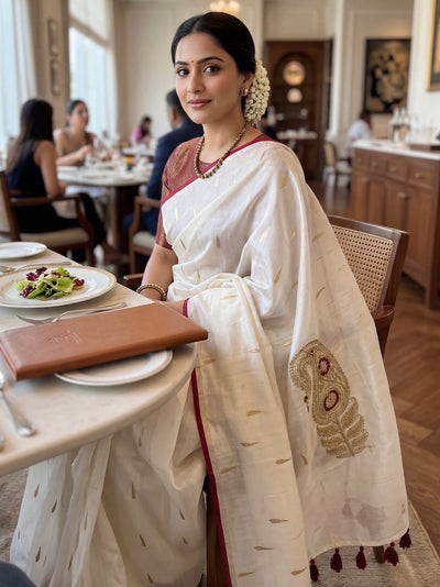 Ivory & Red Cotton Jamdani Saree