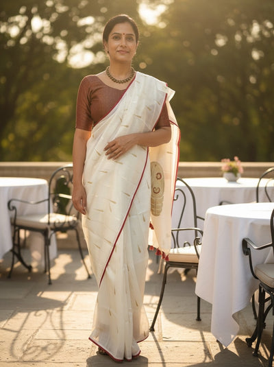 Ivory & Red Cotton Jamdani Saree