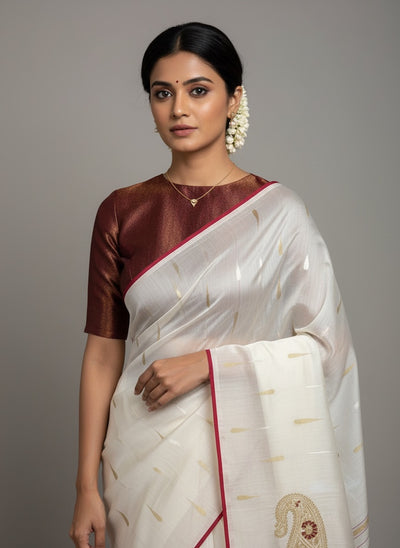 Ivory & Red Cotton Jamdani Saree