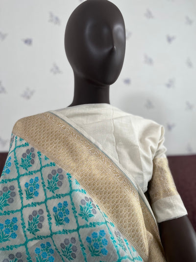 Sheshadri Off White & Blue Cotton Jamdani Saree