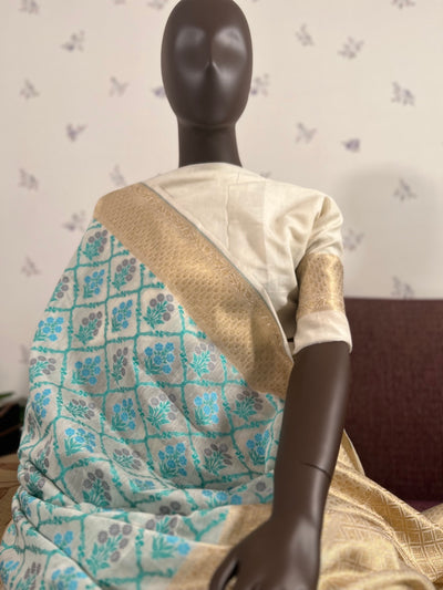 Sheshadri Off White & Blue Cotton Jamdani Saree
