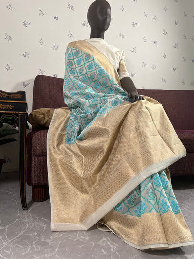 Sheshadri Off White & Blue Cotton Jamdani Saree