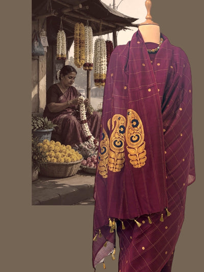 Shakuntala Burgundy Cotton Jamdani Saree