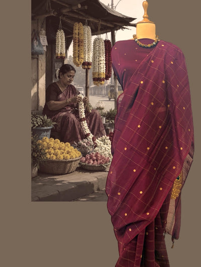 Shakuntala Burgundy Cotton Jamdani Saree