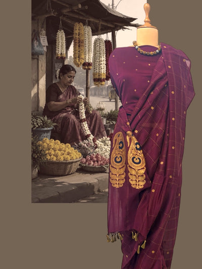 Shakuntala Burgundy Cotton Jamdani Saree