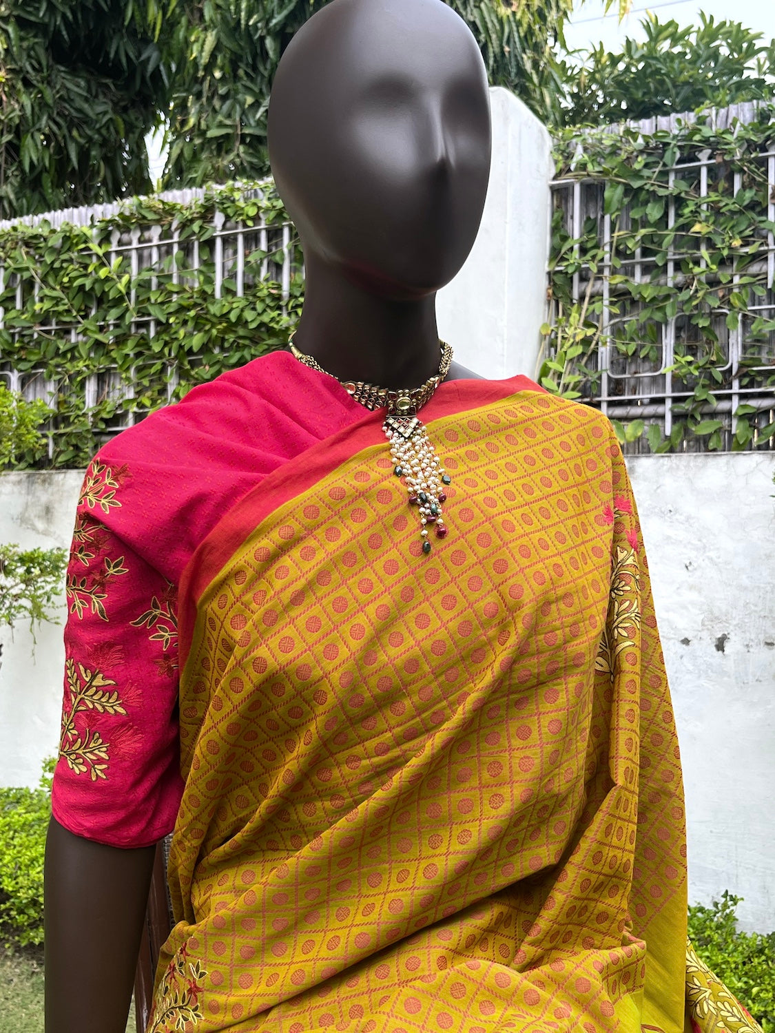Mehendi Yellow & Pink Embroidered Cotton Saree