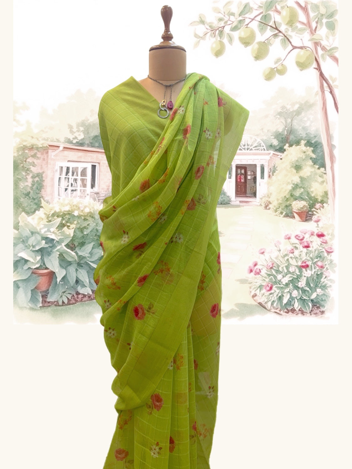 Hillside Cottage Lime Green Cotton Saree