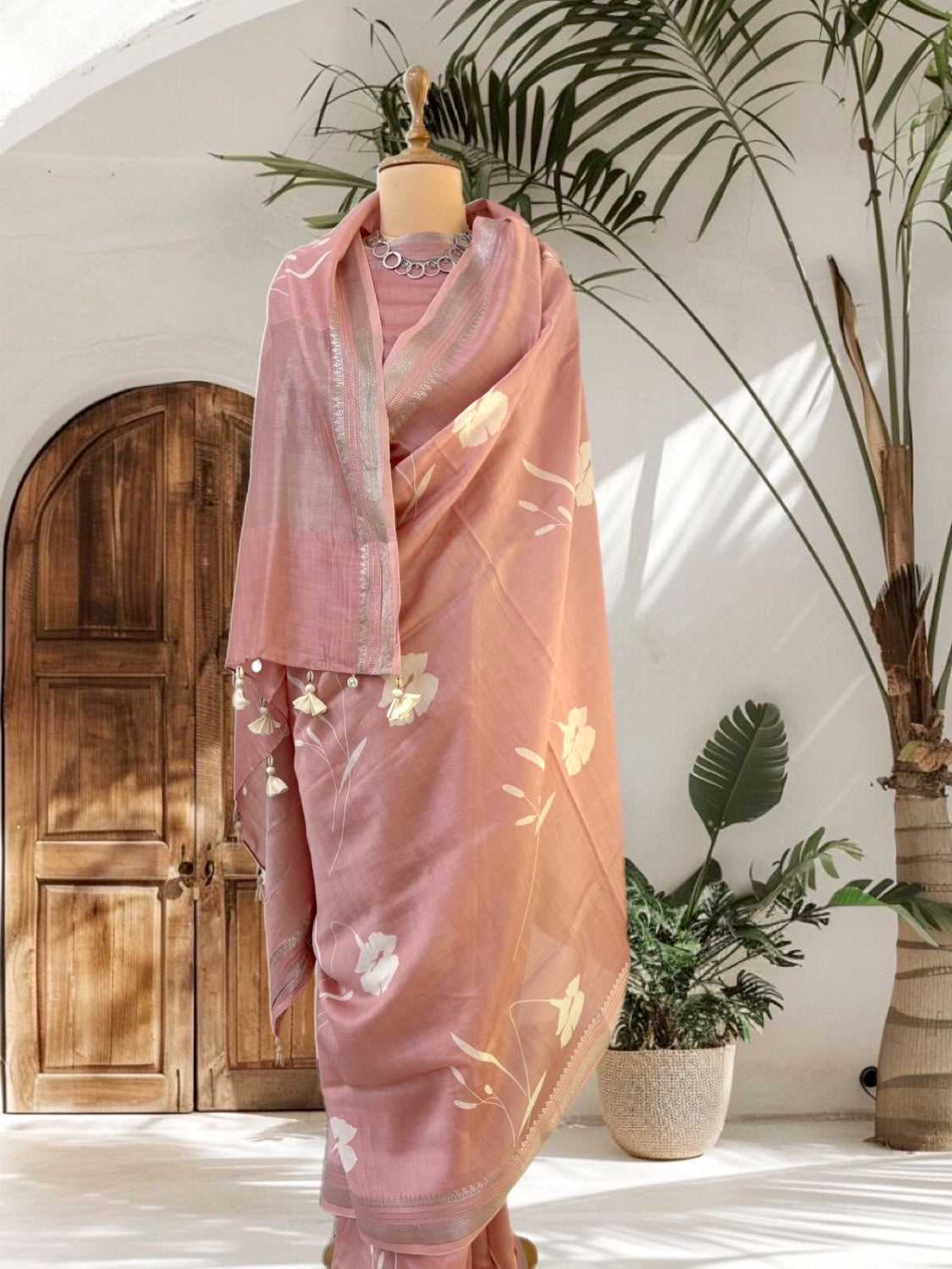 Aster Peach Printed Cotton Saree