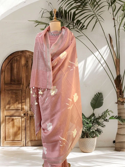 Aster Peach Printed Cotton Saree