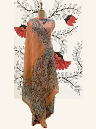 Sitamarhi Peach Mirror Work Cotton Saree