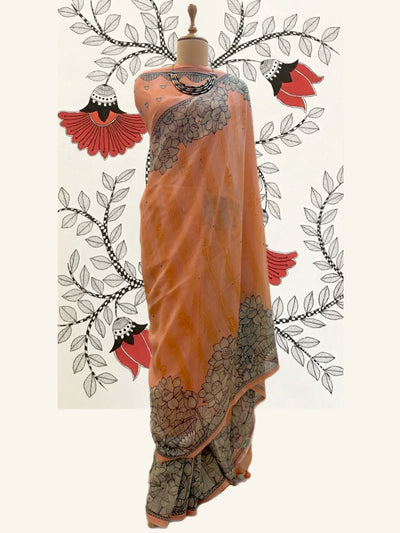 Sitamarhi Peach Mirror Work Cotton Saree