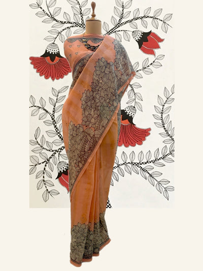 Sitamarhi Peach Mirror Work Cotton Saree