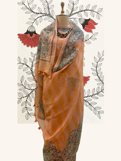 Sitamarhi Peach Mirror Work Cotton Saree