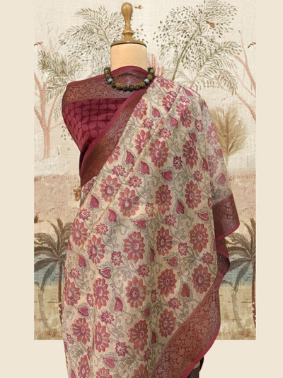 Plumeria Beige Printed Cotton Saree