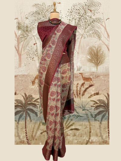 Plumeria Beige Printed Cotton Saree