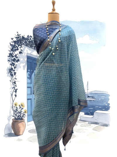 Ibiza Blue Printed Cotton Saree