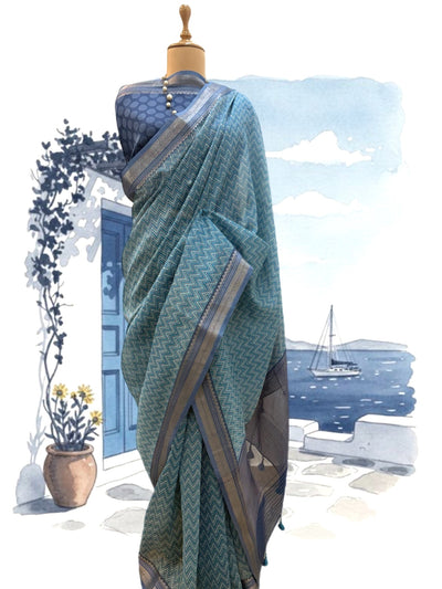 Ibiza Blue Printed Cotton Saree