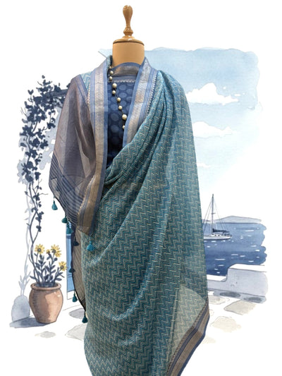 Ibiza Blue Printed Cotton Saree