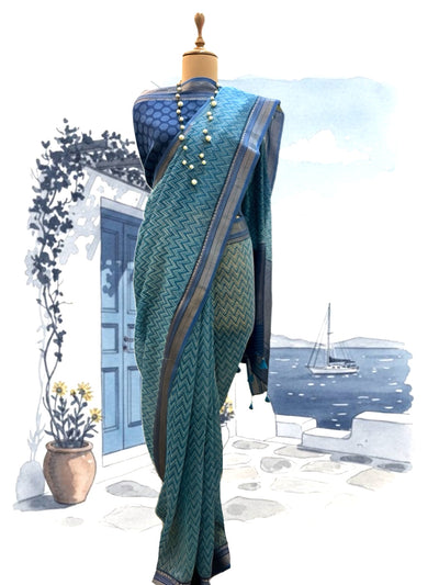Ibiza Blue Printed Cotton Saree