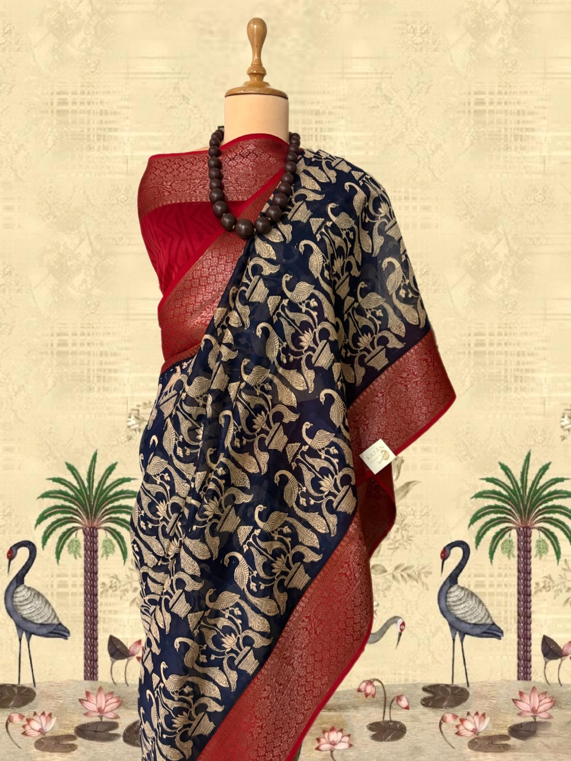 Mayurbhanj Blue & Red Printed Cotton Saree