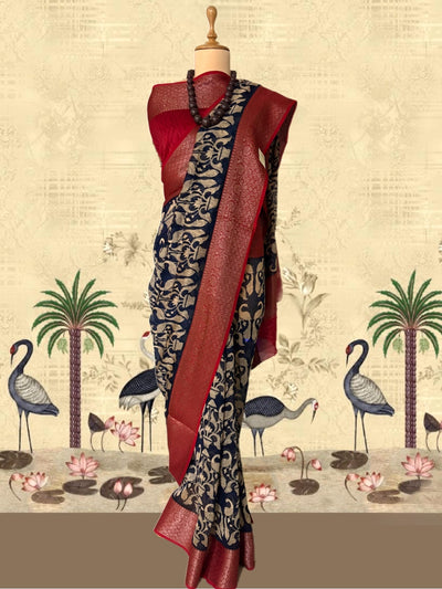 Mayurbhanj Blue & Red Printed Cotton Saree