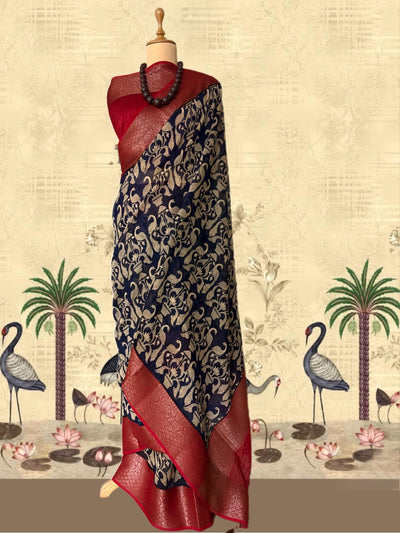 Mayurbhanj Blue & Red Printed Cotton Saree