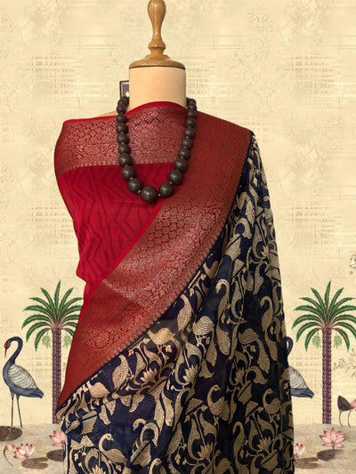 Mayurbhanj Blue & Red Printed Cotton Saree