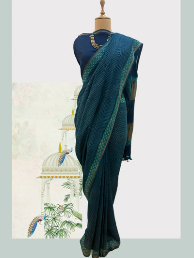 Chittor Blue Cotton Ajrakh Saree