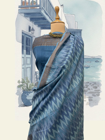 Ibiza Blue Printed Cotton Saree
