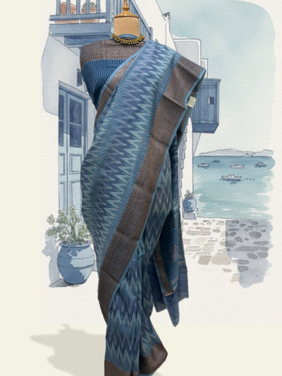 Ibiza Blue Printed Cotton Saree