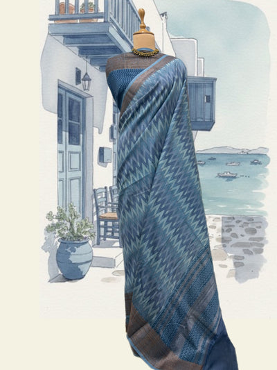 Ibiza Blue Printed Cotton Saree
