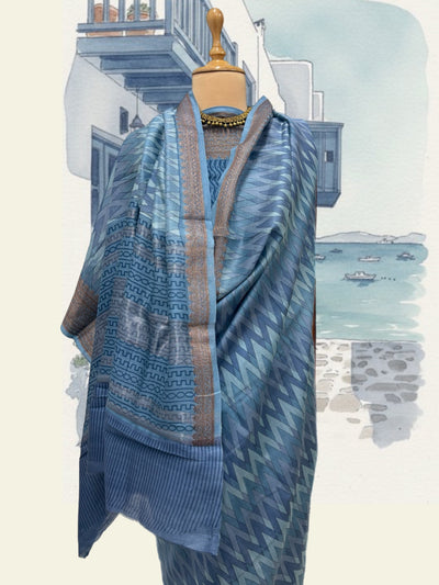 Ibiza Blue Printed Cotton Saree