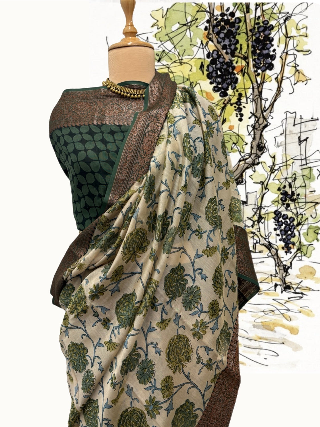 Plumeria Green Printed Cotton Saree