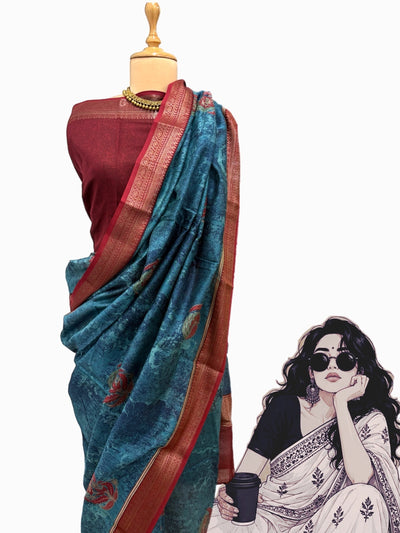Nishat Blue Printed Cotton Saree