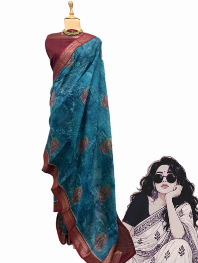 Nishat Blue Printed Cotton Saree