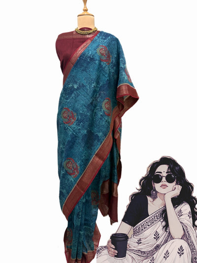 Nishat Blue Printed Cotton Saree