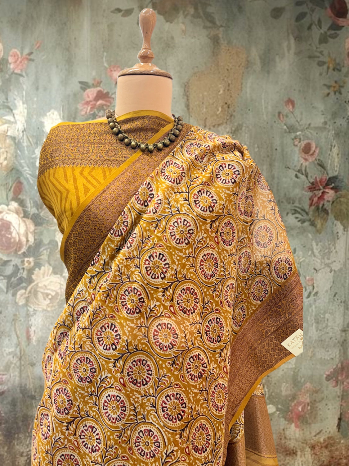 Ghoomar Mustard Printed Cotton Saree
