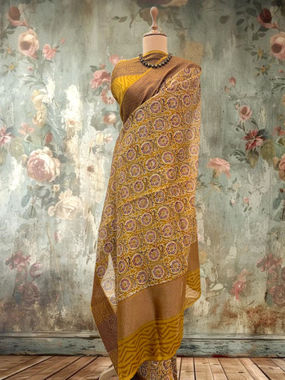Ghoomar Mustard Printed Cotton Saree