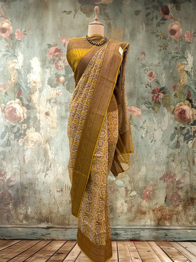 Ghoomar Mustard Printed Cotton Saree